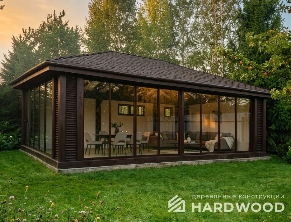 Большая деревянная беседка остеклённая №98 - фото 2274